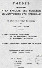 RECHERCHES ÉCOLOGIQUES SUR LES BRYOZOAIRES CHILOSTOMES EN MÉDITERRANÉE OCCIDENTALE Gautier Y.V.  1961