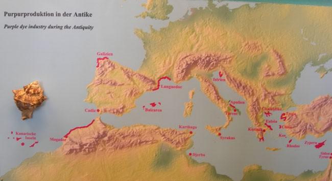 Zones d'exploitation de la "pourpre" à l'antiquité.<br /><br />Les côtes atlantiques du Maroc étaient les plus productives, le Languedoc très actif.